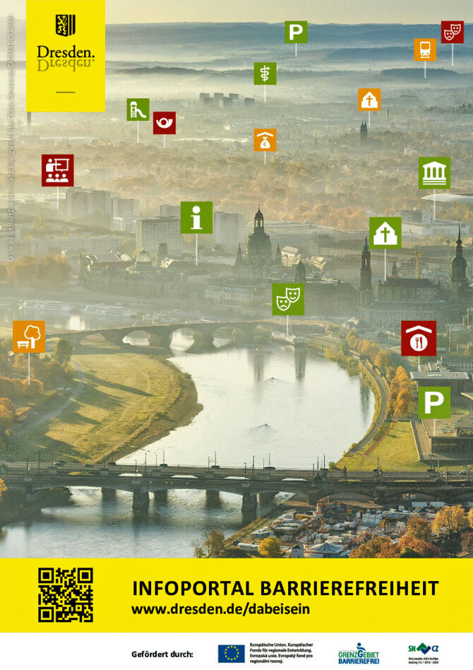 Plakat zum Informationsportal Barrierefreiheit mit Stadtansicht von Dresden