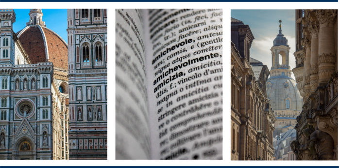 Dreigeteilte Darstellung von florentinischen und dresdner Gebäuden sowie einem aufegschlagenen Buch in der Mitte