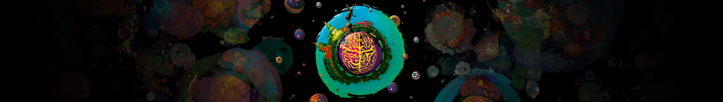 Künstlerische, bunte Darstellung der Dresdner Silhouette mit einem stilisiertem Gehirn in der Mitte