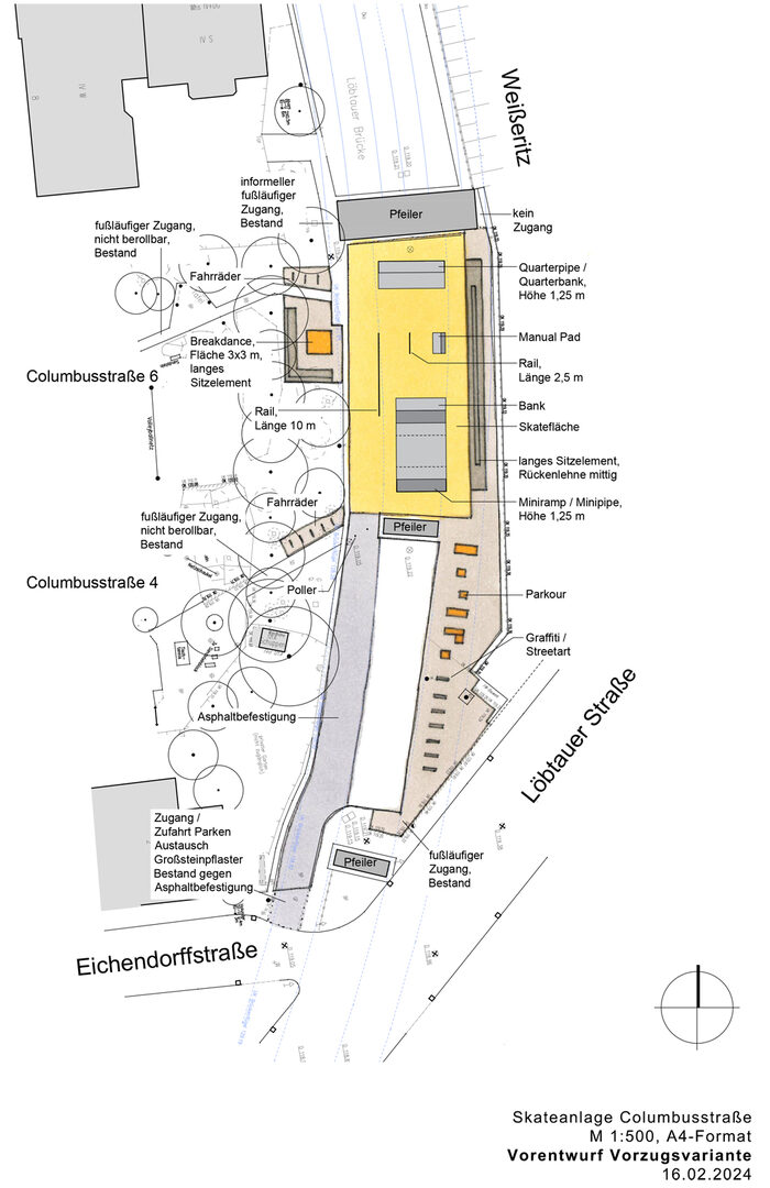Technischer Plan der Skatanlage Columbusstraße, zeigt den Vorentwurf Vorzugsvariante(16.02.2024)