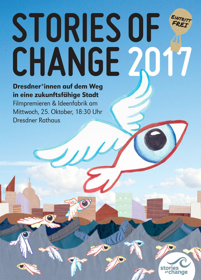Werbeflyer Stories of Change 2017, Augen mit Flügeln vor Stadtsilhouette und blauem Himmel
