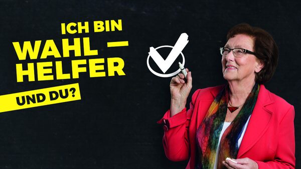 Frau in roter Jacke vor schwarzem Hintergrund, mit Stift in der Hand, Haken in weißem Kreis, gelber Text: Ich bin Wahlhelfer. Und Du?