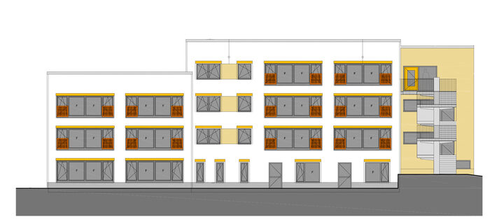 Zeichnung drei- und viergeschossige Gebäude mit Flachdach