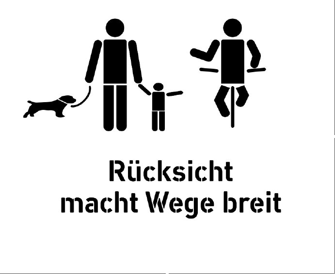 Pitkogramm: Fußgänger mit Kind und Hund, daneben ein Radfahrer, Text: Rücksicht macht Wege breit