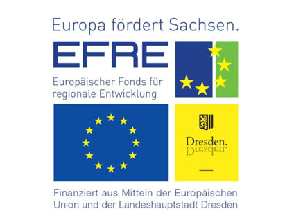 Zu sehen sind die Förderlogos, das heißt vom Europäischen Fond für Regionalentwicklung, von der Europäischen Union und der Landeshauptstadt Dresden