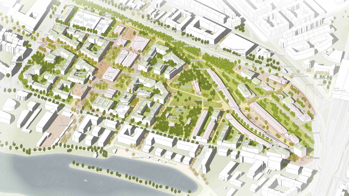 Visualisierung eines möglichen Entwurfs (4. Platz) des neuen Quartiers Alter Leipziger Bahnhof