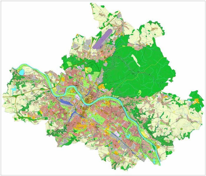 Das Bild zeigt eine Gesamtansicht der Stadt Dresden mit flächenhaften Nutzungsdarstellungen des wirksamen Flächennutzungsplanes von 2020.
