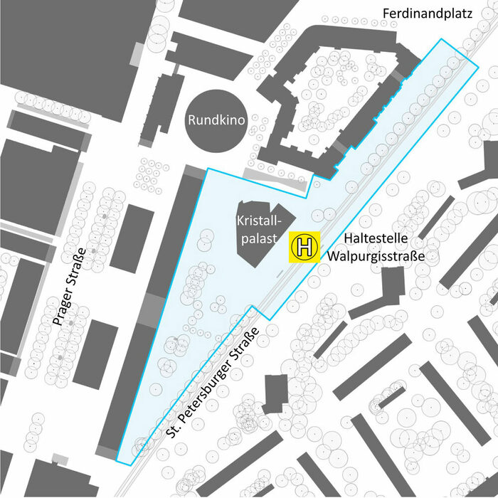 Auf der Karte ist das Umfeld des Kristallpalastes im Dresdner Stadtzentrum zu sehen. Blau eingezeichnet ist das Areal um den Kristallpalast, welches neu gestaltet werden soll.