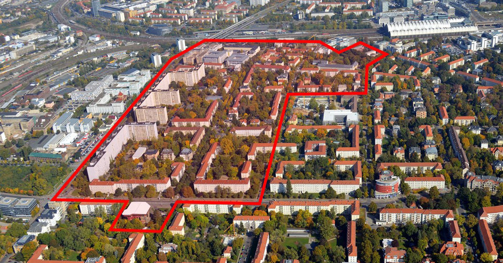 Das Bild zeigt das markierte Gebiet rund um die Budapester Straße Dresden, zu dem die Befragung durchgeführt wurde.