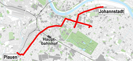 Kartenausschnitt Dresden mit rot eingezeichneter Streckenführung