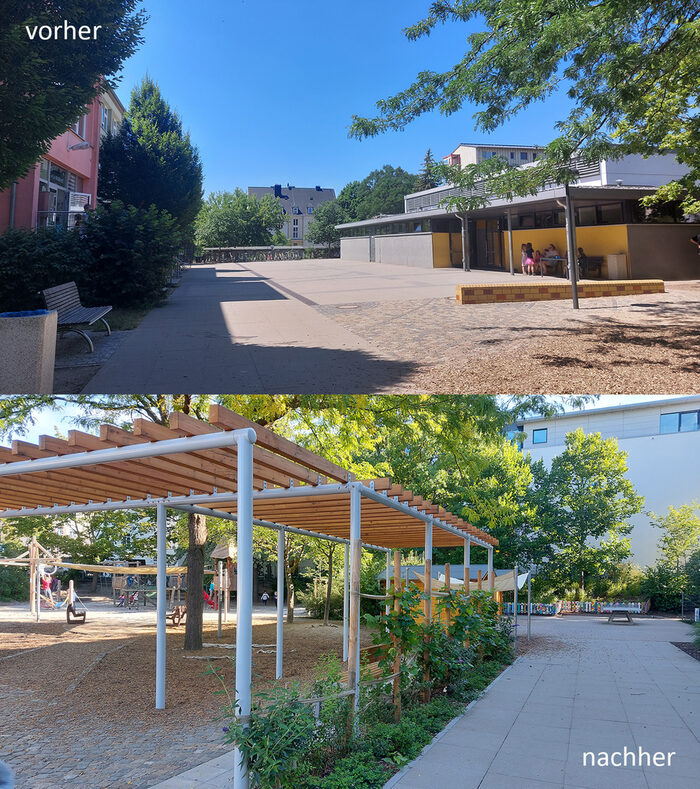 2 Fotos übereinander von einem Schulhof mit Schulgebäude und auf dem unteren Foto mit einer Pergola.