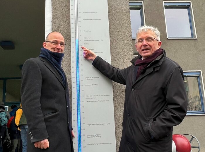 Dr. Robert Franke, office manager of the Dresden Economic Development Agency, and Prof. Uwe Franzke, director at the Dresden Institute of Air Handling and Refrigeration, at the inauguration of the outdoor thermometer.