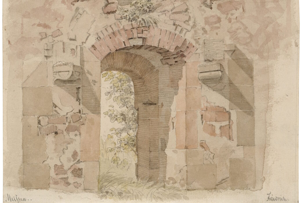 View from the chapter house of the monastery ruins of the Holy Cross near Meissen, Caspar David Friedrich, watercolour over pencil, 180 x 178 mm, Kupferstich-Kabinett