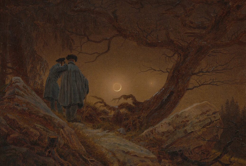 Painting Two Men Contemplating the Moon by Caspar David Friedrich, oil on canvas, 34.5 x 44 cm, Albertinum