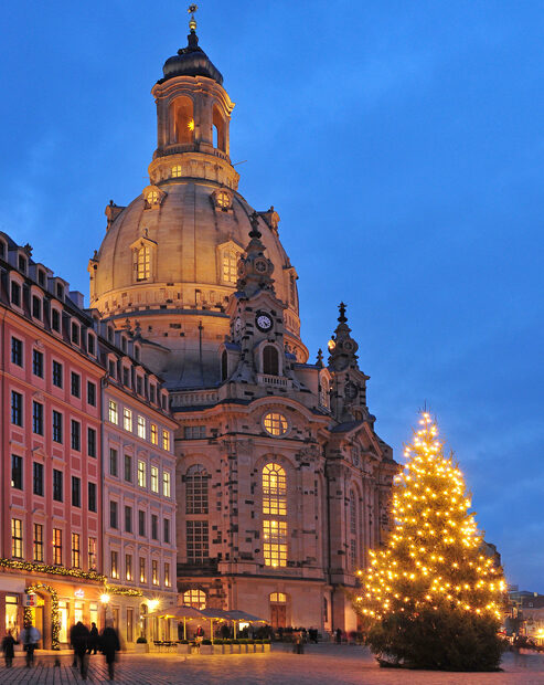 Geschmückter Weihnachtsbaum, dahinter die Frauenkirche am Abend