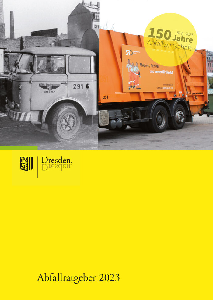 Titel der Broschüre "Abfallratgeber 2023" mit einem Bild eines Müllfahrzeugs
