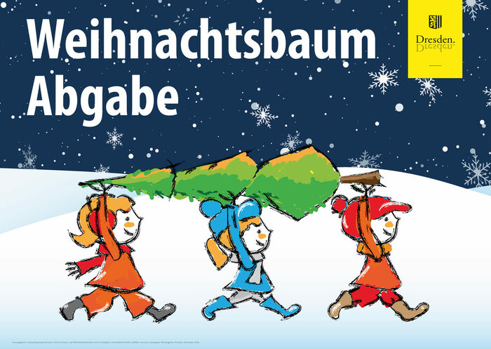 Schild: Weihnachtsbaumabgabe; drei gezeichnete Figuren tragen einen Weihnachtsbaum durch den Schnee