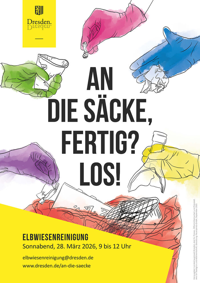 Plakat "An die Säcke fertig los" mit gezeichneten Händen zur Ankündigung der Elbwiesenreinigung 2026