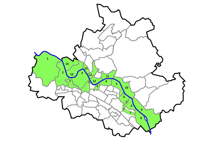 Grafik mit Dresdner Stadtteilen und Nummern für Gebiete der Elbwiesenreinigung 2026