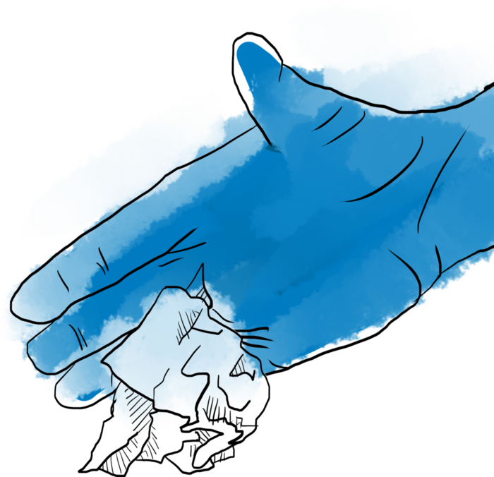 Gezeichnete blaue Hand mit Müll