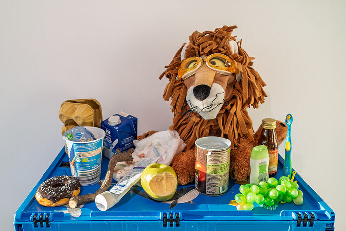 Handpuppe Löwe mit verschiedenen Abfallarten