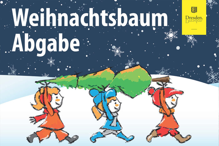 Plakat Weihnachtsbaumabgabe; drei gezeichnete Figuren tragen einen Weihnachtsbaum durch den Schnee