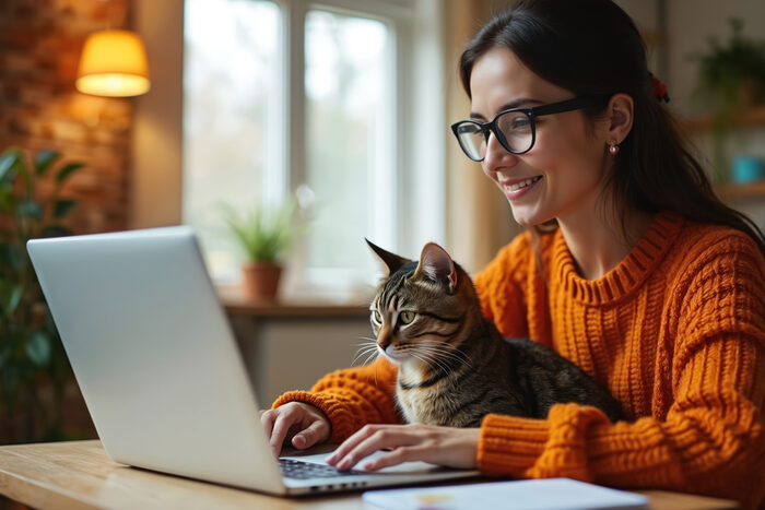 Mensch mit Katze vor einem Laptop
