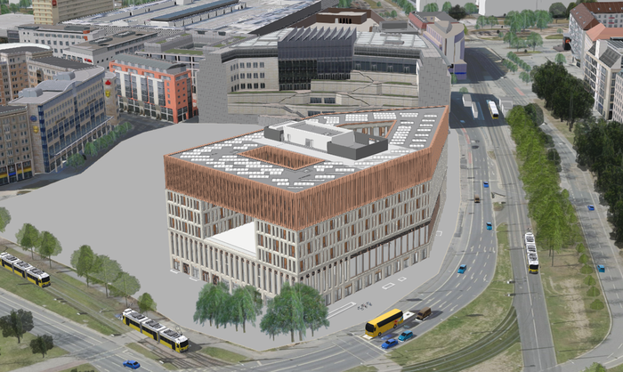 Blick auf die Visualisierung des Neuen Verwaltungszentrums am Ferdinandplatz in Dresden