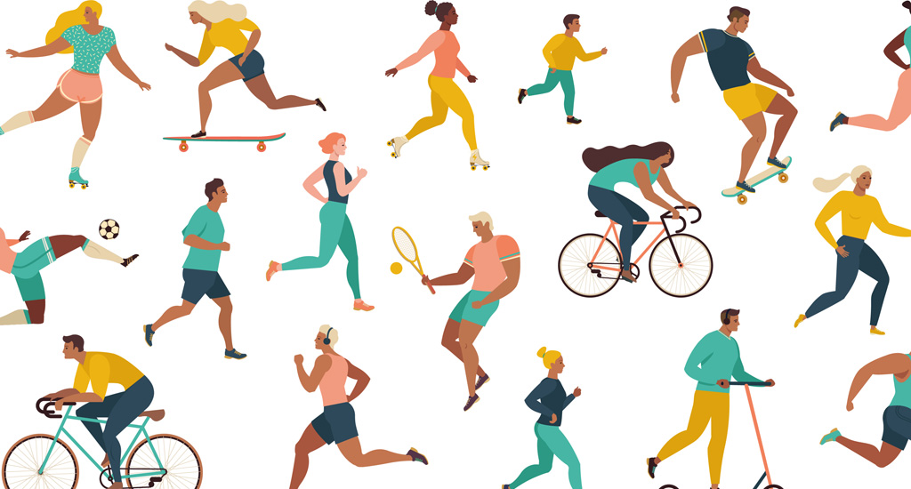 Cartoonfiguren treiben unterschiedliche Sportarten