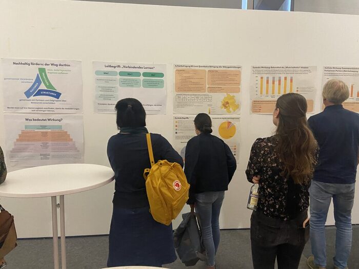Teilnehmende der Auftaktkonferenz beim Austausch über die Poster mit den Ergebnissen der Auftaktbefragung