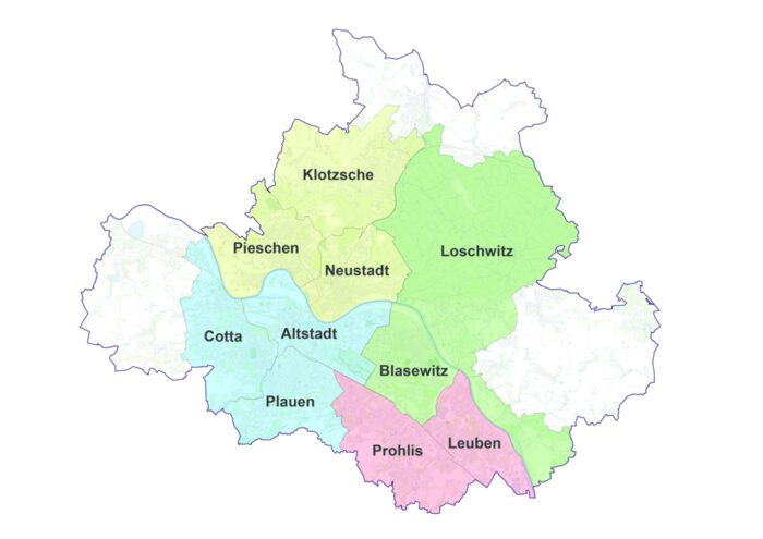 Zu sehen sind die vier "Lernräume" in Dresden, bestehen aus jeweils zwei bis drei Stadtbezirken