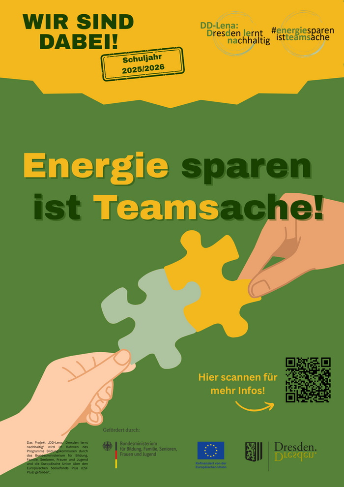 Wir sind dabei! Plakat für die Dresdner Energieschulen mit der Aufschrift "Energiesparen ist Teamsache!"
