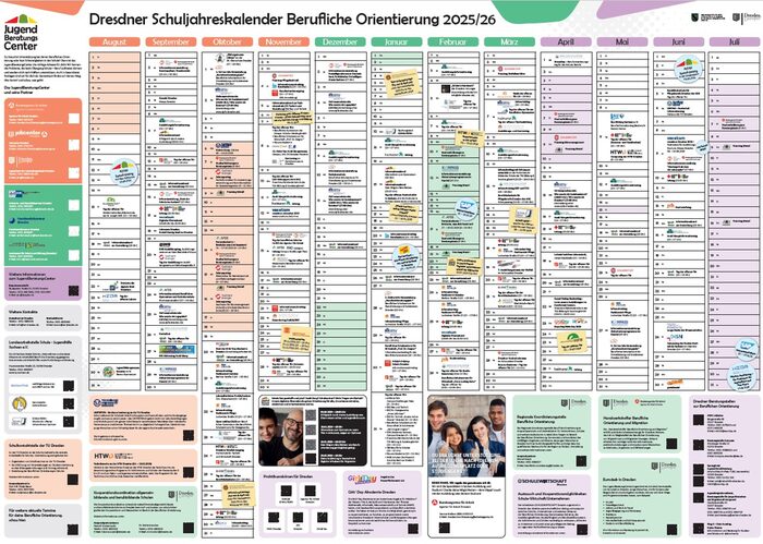 Kalender-Spalten von August bis Juli mit der Überschrift "Dresdner Schuljahreskalender Berufliche Orientierung 2025/26