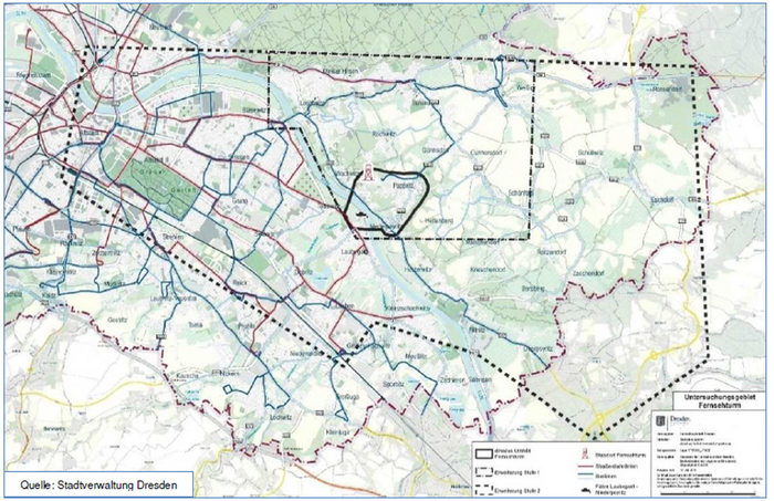 Karte der Gebietsumgriffe des Verkehrs- und Mobilitätskonzeptes "Fernsehturm Dresden"
