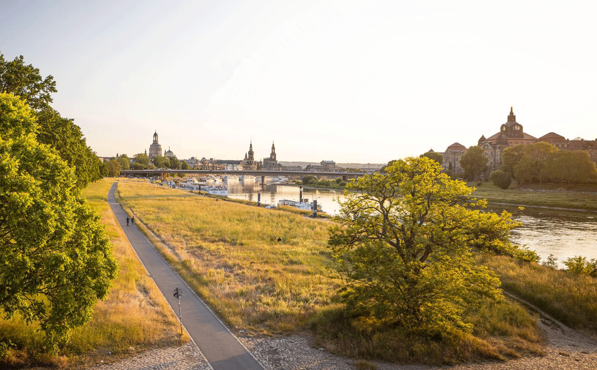 Blick von der Albertbrücke in Richtung Carolabrücke, Juni 2022