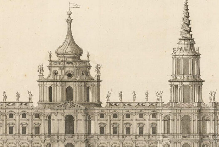 Detail des Ausstellungsplakates "Italieneischer Barock in Dresden": Architekturzeichnung von Gaetano Chiaveri (1689–1770), Projekt für den Neubau einer königlichen Residenz, Aufriss der Hauptfassade, 1736/37 (Ausschnitt)