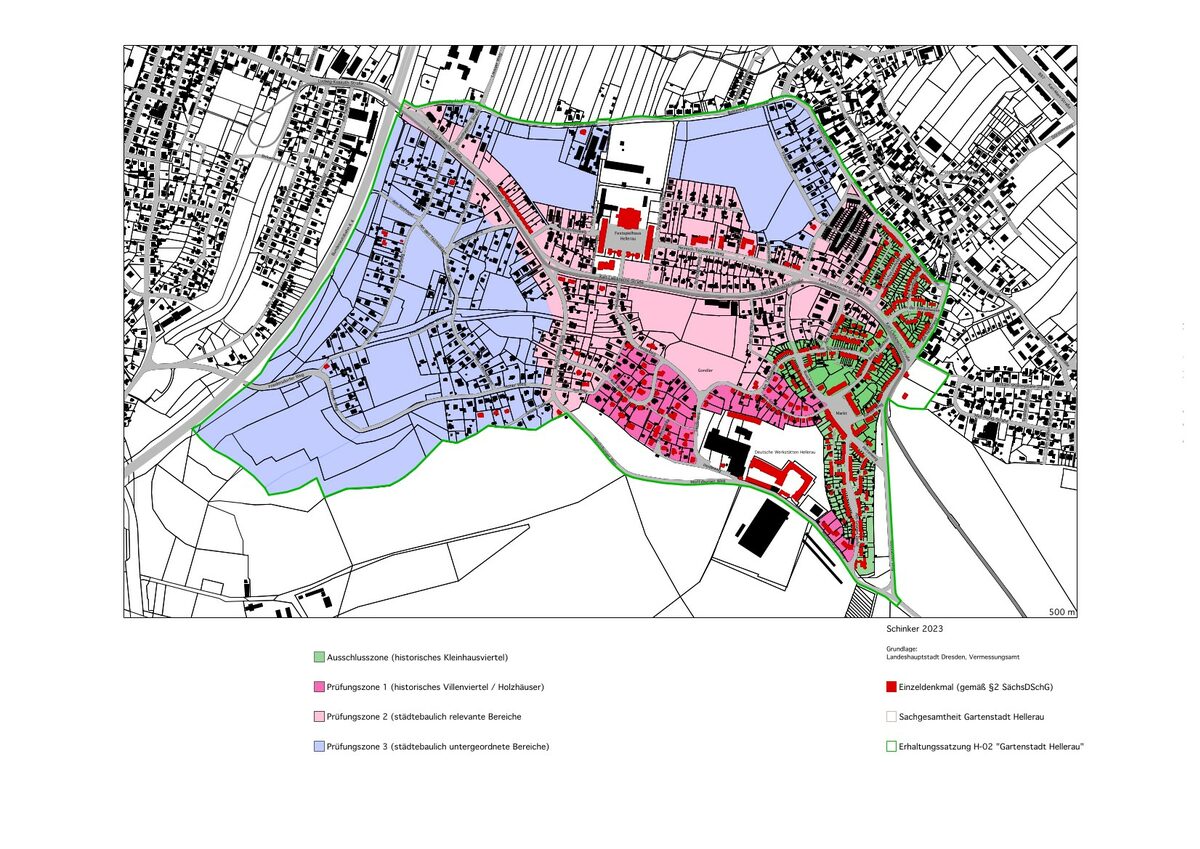 Kartierung der verschiedenen Prüfungszonen und des Ausschlussbereichs für Solaranlagen der Gartenstadt Hellerau.