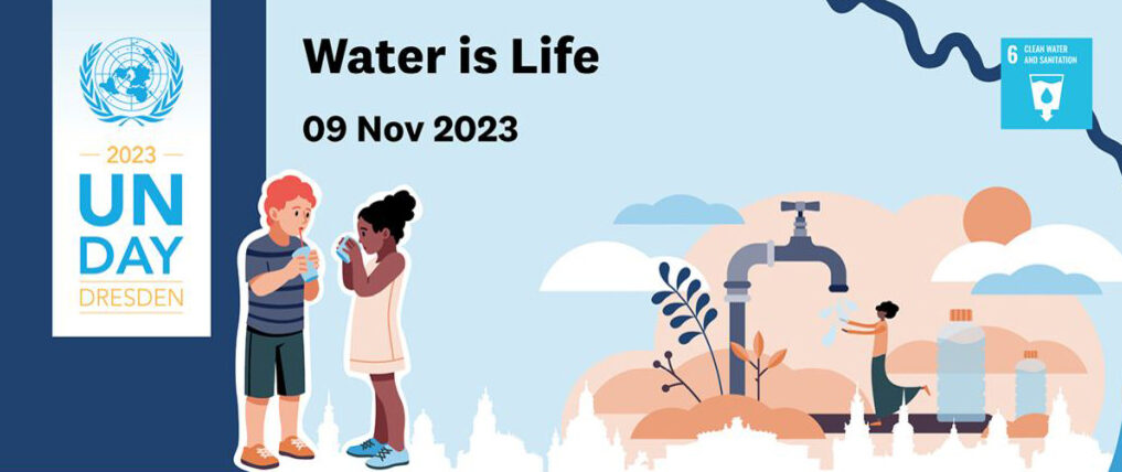 Grafik mit der Aufschrift "Wasser ist Leben", zwei Kindern und Landschaftsdsrstellungen