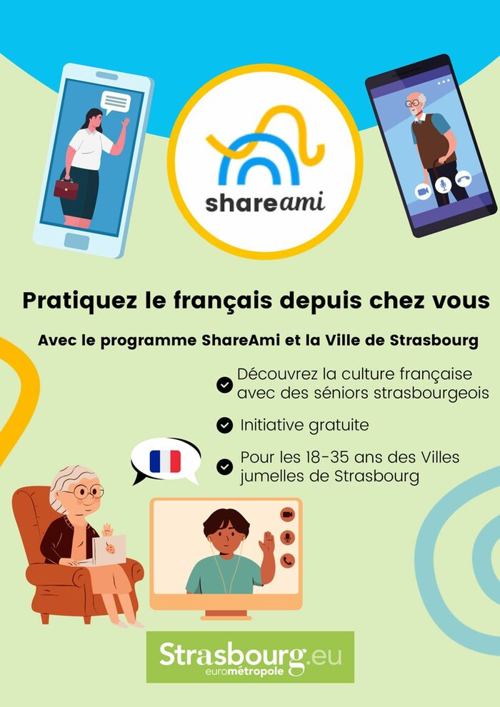 Grafik u. a. mit zwei Handys mit einer jungen und einer älteren Person im Display. In der Mitte ein Kreis mit der Aufschrift "Share Ami", darunter weitere Textinfos in Französisch