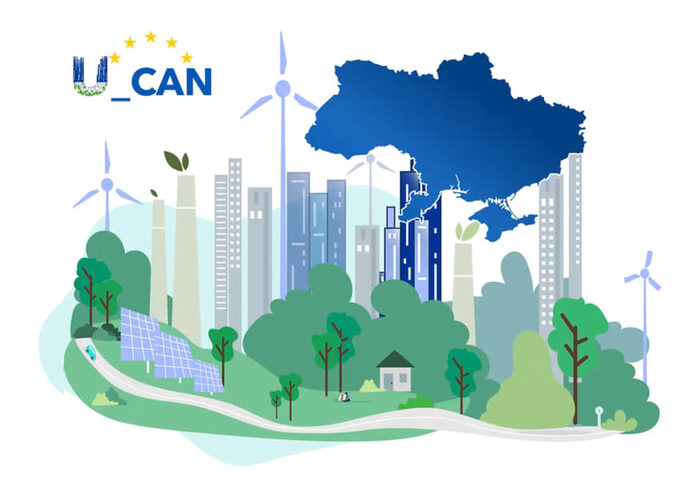 Eine abstrakt dargestellte Stadt mit Bäumen, Hochhäusern und Windrädern, links darüber das U_CAN-Logo und der Umriss der Ukraine