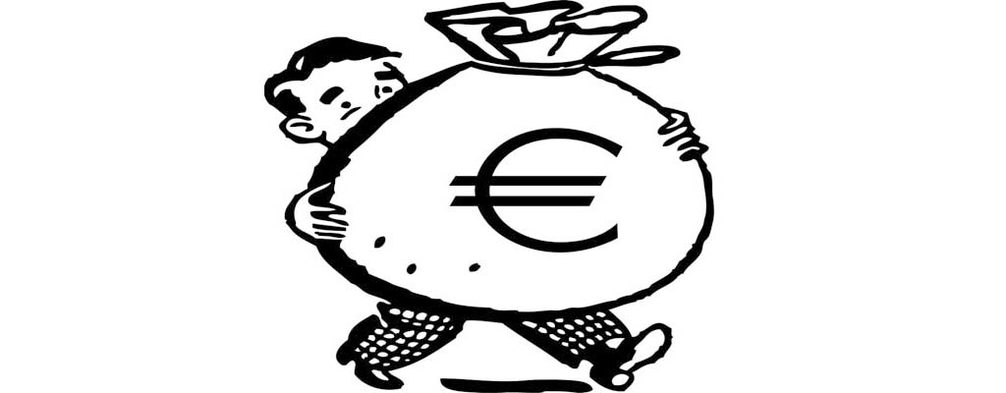 Grafik: Ein Mann trägt einen vollen Sack mit der Aufschrift "Euro"