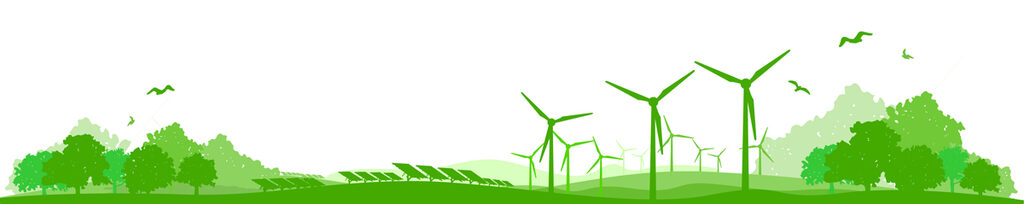 Grafik mit grüner Landschaft mit Solarpaneelen und Windrädern