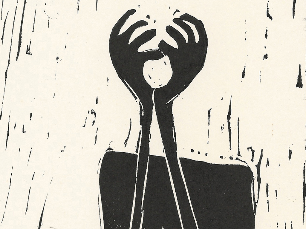 Grafik: "Schrei" (Cry) von John Yeadon - zwei Hände in schwarz vor weißem Hintergrund