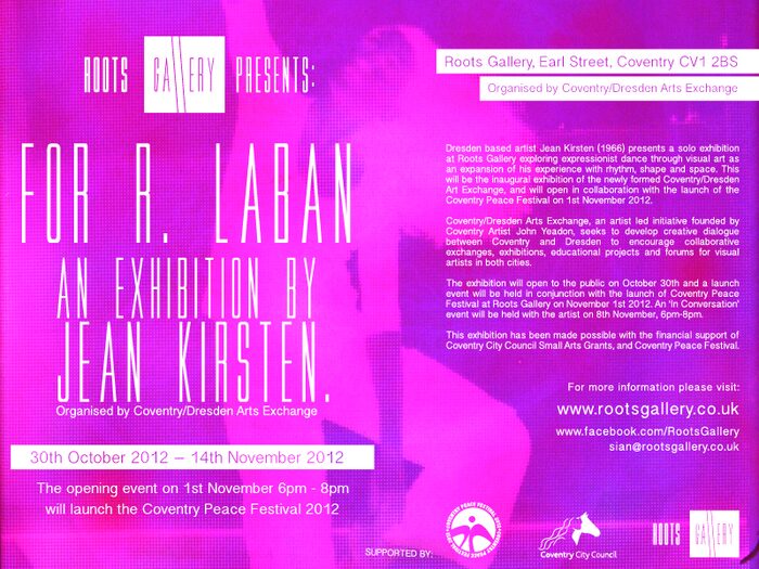 Plakat zur Ausstellung "For R. LABAN" mit weißer Schrift auf rosa Untergrund und einer Silhouette des Tänzers Richard Laban