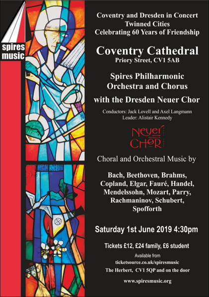 Plakat zum Konzert mit den Konzertdaten und buntem Fenster der Kathedrale