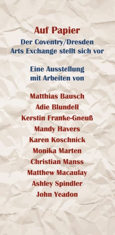 Ausschnitt aus Einladungskarte zur Ausstellung "Auf Papier" mit den Namen der beteiligten KünsterInnen