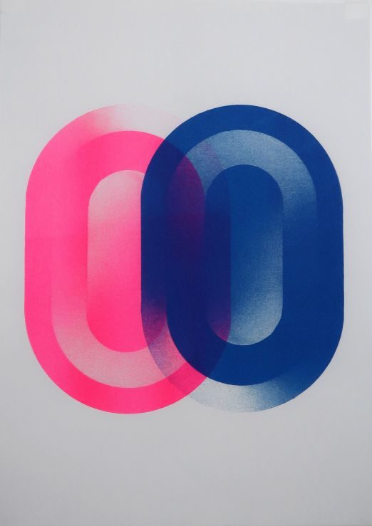 Grafik mit zwei ovalen Kreisen in rosa und blau