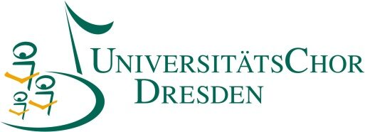 grafisch gestaltetes Logo mit dem grünen Schriftzug Universitätschor Dresden auf weißem Grund
