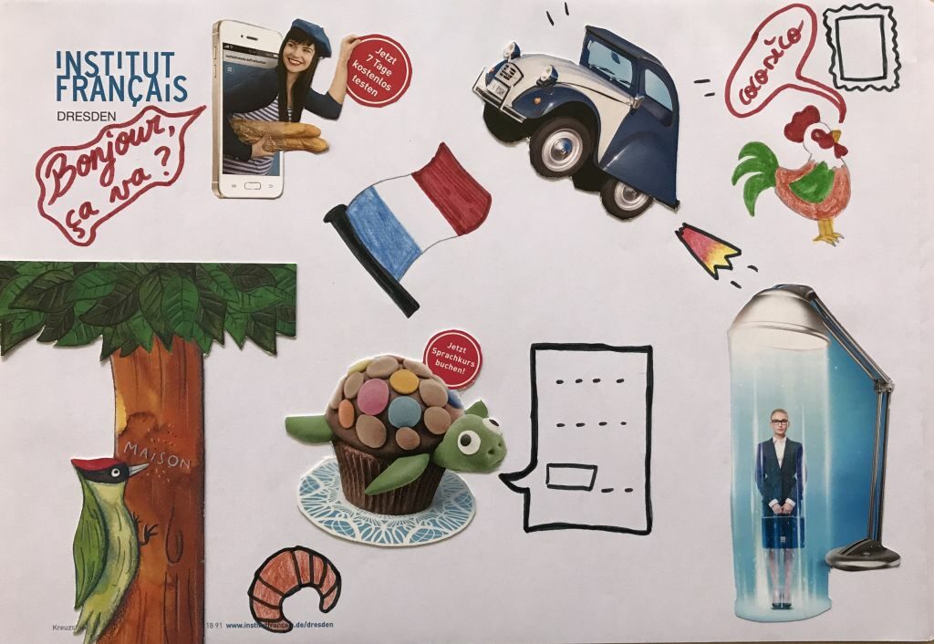 witzige Collage mit Fotos und Zeichnungen rund um französische Lebensart