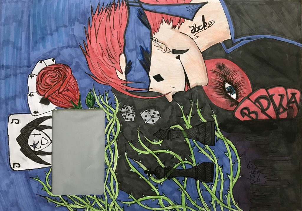 bunte Collage mit Kopf und Spielkarten